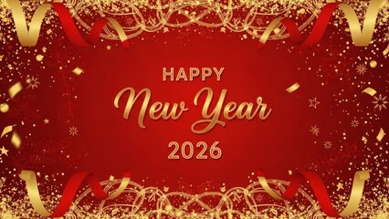 Celebrate the arrival of Happy New Year 2026 with a festive and sparkling red and gold background, adorned with ribbons and confetti