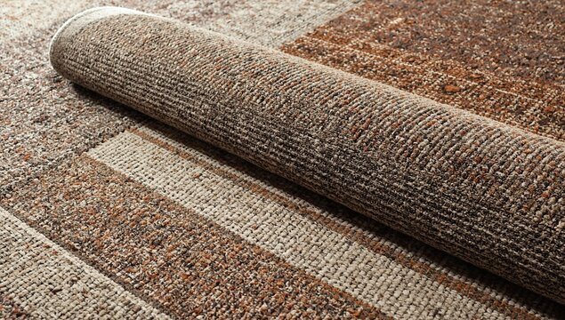 Close-up of a rolled carpet showcasing detailed textures and earthy color variations in fabric