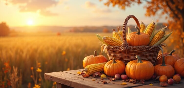Autumn harvest scene with pumpkins and corn in basket on wooden table. Golden field sunset light creates warm glow. Fall bounty celebrates thanksgiving season. - Powered by Adobe