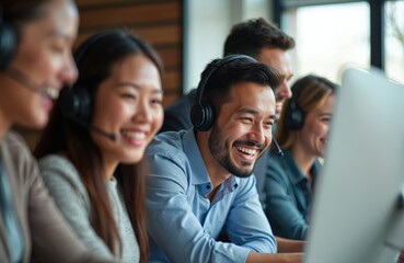 Happy call center agents wear headsets. Diverse team smiles while working together at computers in modern office. People communicate online using tech for customer support service.