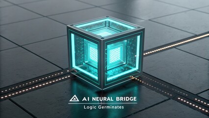 Futuristic Neural Bridge Design with Illuminated Cube Representing Artificial Intelligence and Digital Logic Connections
