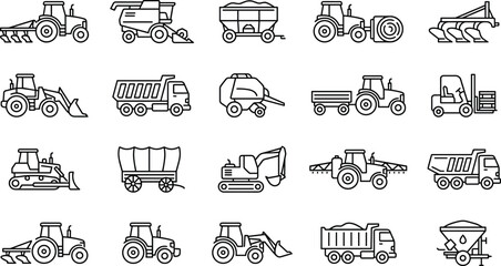 “Set of detailed farm machinery and construction vehicle line icons, including tractors, trucks, harvesters, loaders, and equipment for agricultural and industrial projects.” © JOYDIP ROY