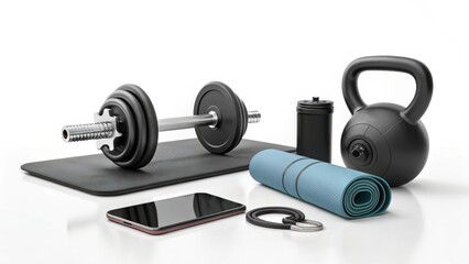 Minimalist home gym setup with dumbbell, kettlebell, yoga mat, water bottle, smartphone and earphones on white background