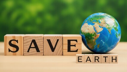 Save Earth Concept with Wooden Blocks and Globe Emphasizing Environmental Conservation