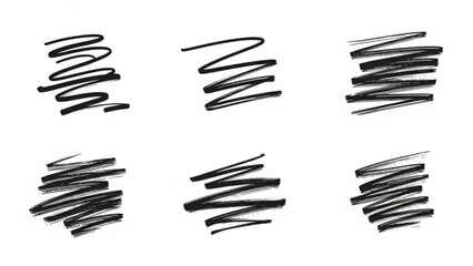 Set of six different black scribbles and squiggles on white background for graphic design