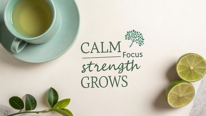 Inspirational quote with calming tea, lime slices, and greenery elements for wellness and mindfulness themes