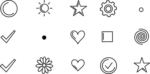 Minimalist Black Line Art Icon Set with Sun Star Heart Gear and Checkmarks for UI Design © Jharna