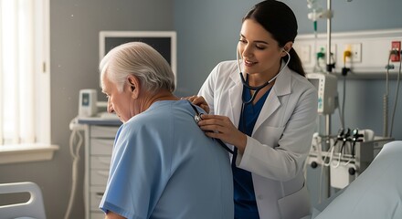 Obraz premium Female Doctor Examining Senior Male Patient in Hospital Room.