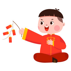 Chinese New Year Kid Playing With Firecracker String Celebration Kid Illustration