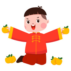 Happy Chinese New Year Kid Surrounded By Mandarin Oranges Kid Illustration