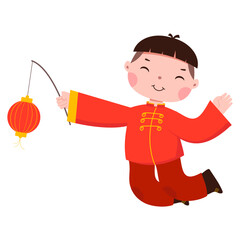 New Year Kid Holding Red Lantern Celebration Pose Kid Illustration