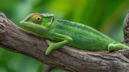 Fototapeta premium Green Chameleon Resting on Tree Branch