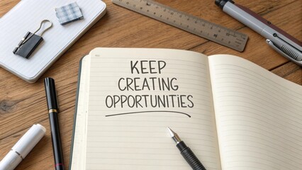 Inspiring workspace with motivational quote on notebook encouraging creativity and opportunity in a personal study environment