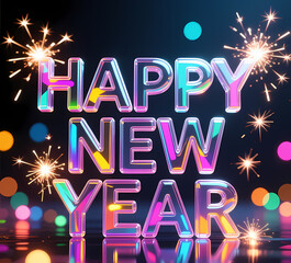 Glass-style &ldquo;HAPPY NEW YEAR&rdquo; text reflecting colorful lights, festive sparkles around