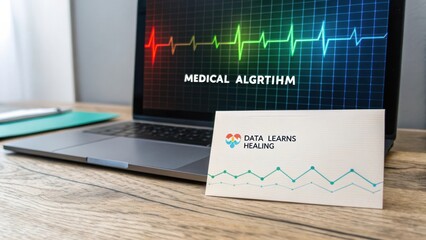 Medical Algorithm Visualization on Laptop with Healing Data Card on Wooden Surface in Modern Workspace Environment