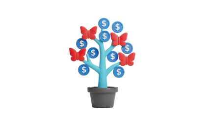 3D Money Tree with Butterflies and Dollar Coins on transparent background