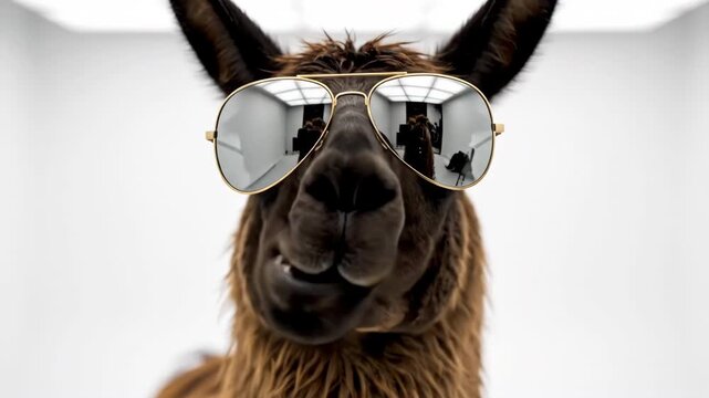 Extreme slow motion close-up of a humorous brown llama wearing reflective aviator sunglasses chewing cud against a bright, sterile, conceptual background brown, background, movement