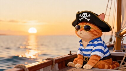 Cat in pirate outfit on boat at sunset