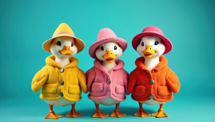 Obraz premium Three cute ducks stand side by side wearing colorful outfits and hats. One wears yellow jacket, another pink coat, third orange coat. They look forward with happy expressions. Clean background.