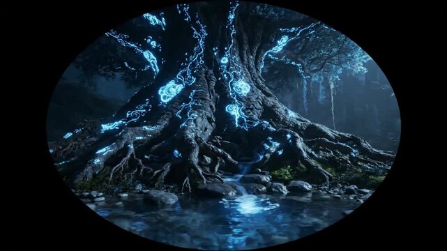 Ethereal Glowing Fantasy Tree with Blue Light Energy and Mystical Roots by a Dark Stream in an Enchanted Forest