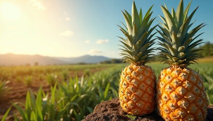 Two ripe pineapples sit on brown soil in pineapple field. Green plants stretch into distance under bright sunny sky. Mountains form horizon in tropical agricultural scene. Beautiful, natural setting.
