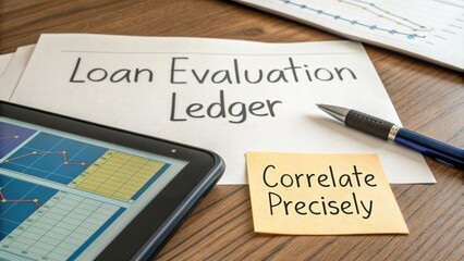 Loan Evaluation Ledger with Tablet and Pen on Wooden Desk, Financial Analysis Concepts Visualized with Graphs and Notes