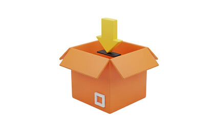 3D Orange cardboard box with yellow down arrow and black object on transparent background