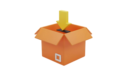 3D Orange cardboard box with yellow down arrow and black object on transparent background