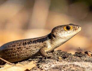 Obraz premium Close-up of a reptile with a brown, scaled body and striking orange eyes
