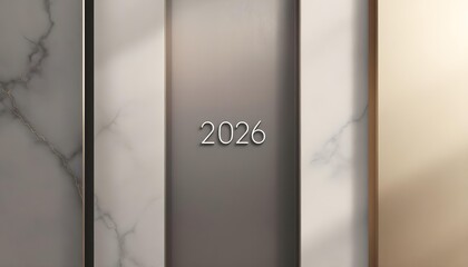 Modern cinematic 2026 background with vertical brushed metal structures and smooth stone textures creating calm luxury design atmosphere