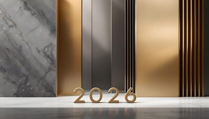 Sophisticated 2026 background presenting brushed metal and stone vertical elements with cinematic lighting and refined minimalist commercial design appeal