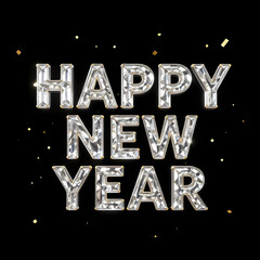 Crystal &ldquo;HAPPY NEW YEAR&rdquo; typography with gold confetti floating, black background