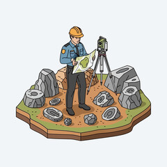 Isometric illustration of a geologist surveying a site with rocks and fossils using a total station. © islak