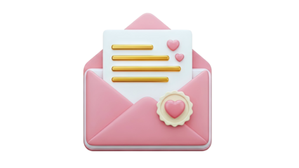 3D Pink envelope with letter and hearts, 3D icon on transparent background