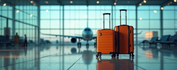 Orange luggage sits in airport terminal hall. Airplane waits on tarmac outside vast window. People rest in waiting area seats. Travelers prepare for departure on journey.
