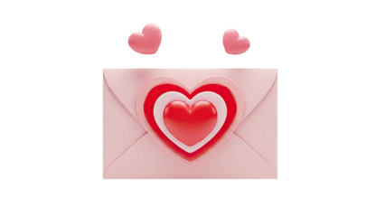 3D Pink envelope with stacked red hearts and floating hearts on transparent background