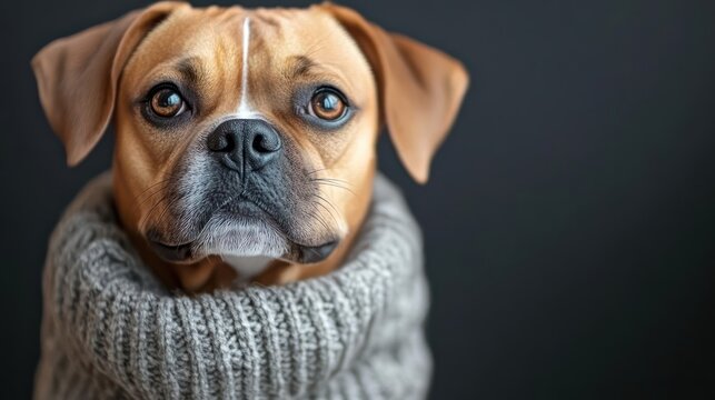 Close up Portrait of A Puggle Mix Dog Wearing A Chunky Knit Sweater With Snow On Its Nose In A Studio Setting With Dark Gray Background And Soft Lighting