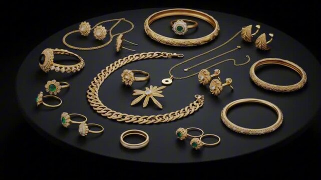 A collection of gold jewelry pieces including rings necklaces bracelets  earrings arranged on a black surface