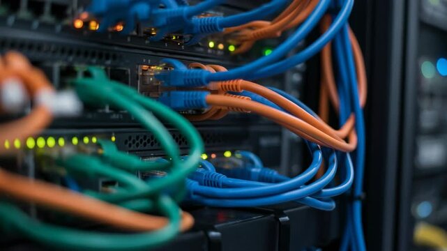 Close-up of colorful network cables connected to a server in a data center, showcasing modern technology and connectivity.