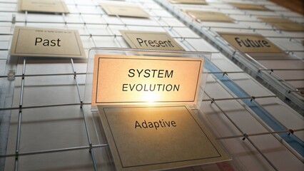 Illuminated Sign Showcasing System Evolution Concepts with Past, Present, and Future Stages in a Creative Display