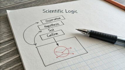 Scientific Logic Framework with Observation, Hypothesis, Test, and Confirmation Illustrated on Notepad with Pen