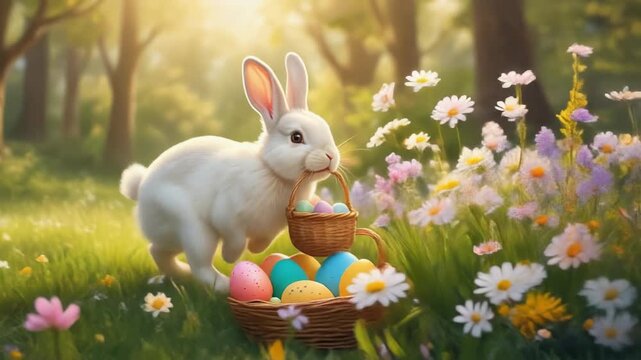 Charming Easter Bunny in a Lush Forest Carrying Colorful Eggs in a Basket, Perfect for Spring Celebrations and Holiday Themes