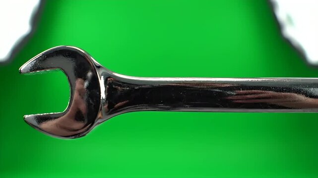 Close-up of a gleaming chrome wrench tool on a vivid green studio backdrop, ready for use