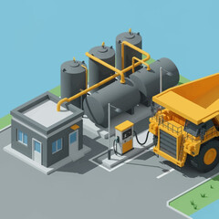 Isometric 3D rendering of a large yellow dump truck refueling at an industrial fuel station with storage tanks and a building.