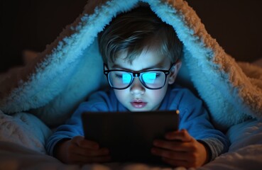 Young boy in glasses uses tablet device in bed under blanket, illuminated by blue screen light. Child secretly plays game or watches video late at night in bedroom.