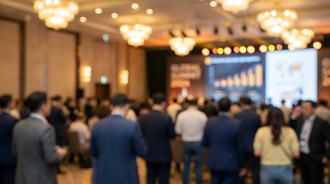 Business people attend conference presentation in large meeting room with projector screen and chandeliers - Powered by Adobe