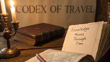 Open Book with Written Quote on Knowledge Next to Candlelight and Vintage Items in a Cozy Setting