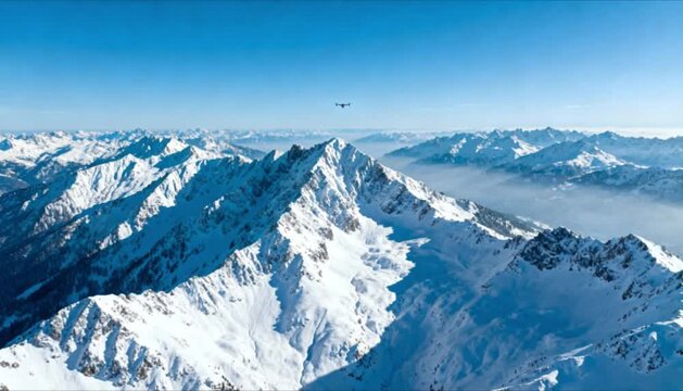 snow covered mountain peaks under clear winter sky with slow drone hover shot perfect for winter solstice and world snow day