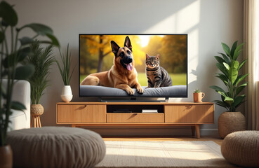 Plakat Modern TV in room displays German Shepherd dog and tabby cat. Scene shows outdoor nature, trees, sunlight. Furniture includes wood stand, sofa. Domestic pets relax.