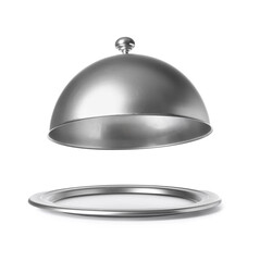 Silver tray with open cloche on white background